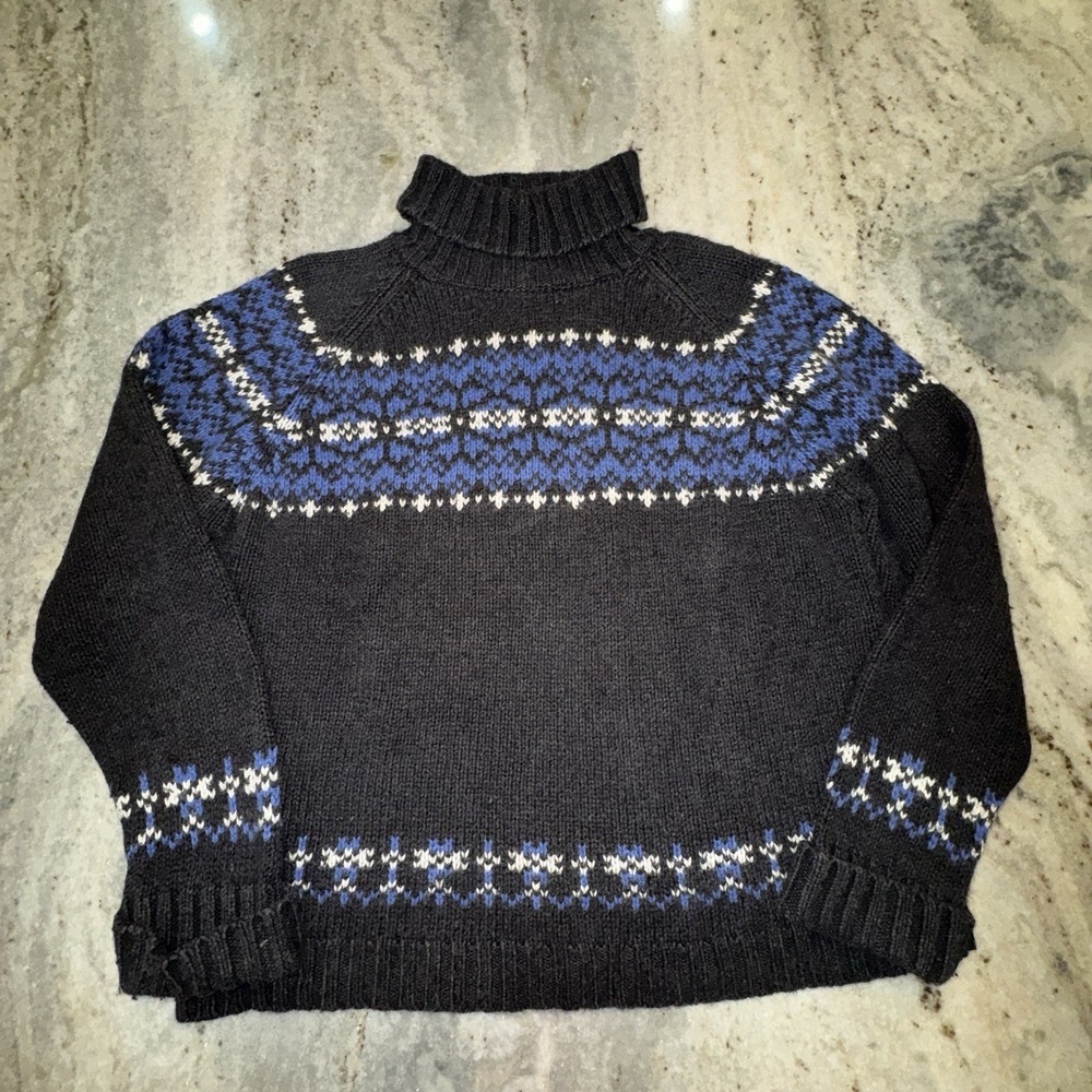 VTG 90s Womens XL Wool Blend Fair Isle Knit Sweater Turtleneck Navy Blue